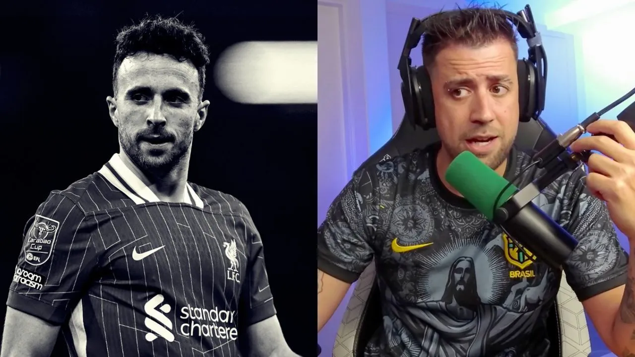 Montaje de AuronPlay junto a una foto de Diogo Jota en blanco y negro